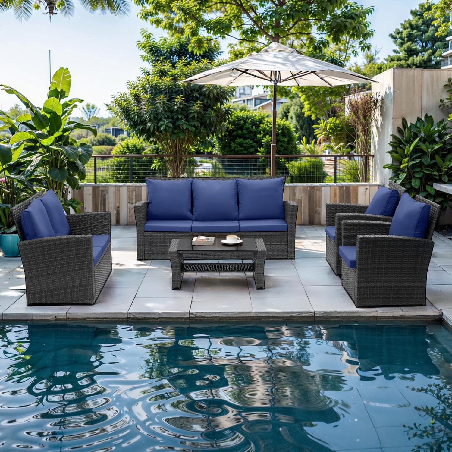 Wisteria Lane 4 Piece Outdoor Patio Furniture Sets, Wicker Conversation Set for Porch Deck, Grey Rattan Sofa Chair with Cushion Blue - Image 2