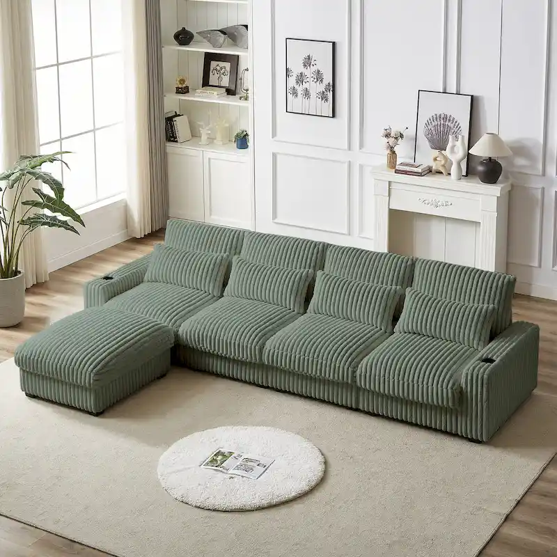126W Large L-Shaped Corduroy Sofa with USB Charging Port - Image 31