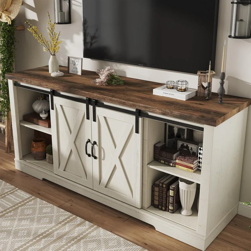 AMERLIFE Fireplace TV Stand with Sliding Barn Door for TVs up to 73", Farmhouse 63" Fireplace Entertainment Center with Storage Cabinets/Adjustable Shelves - Image 9