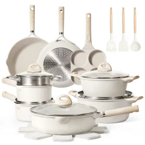 Carote Non Stick Pots and Pans Set, 21 Pcs Induction Kitchen Cookware Sets (Beige Granite)