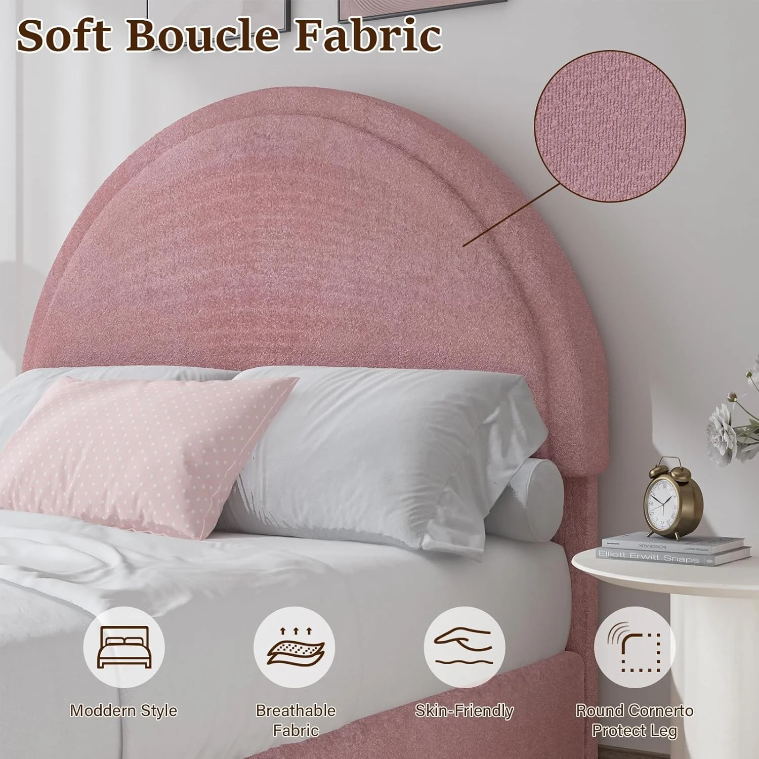 4 EVER WINNER Queen Size Bed Frame, Boucle Upholstered Bed Frame with Headboard, White Queen Bed Frame, White - Image 8