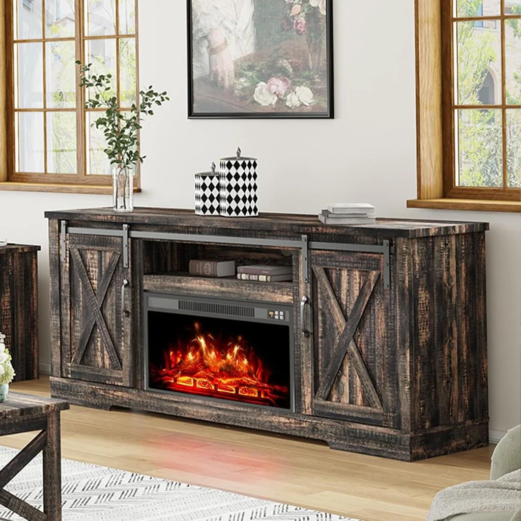 AMERLIFE Fireplace TV Stand with Sliding Barn Door for TVs up to 73", Farmhouse 63" Fireplace Entertainment Center with Storage Cabinets/Adjustable Shelves - Image 41