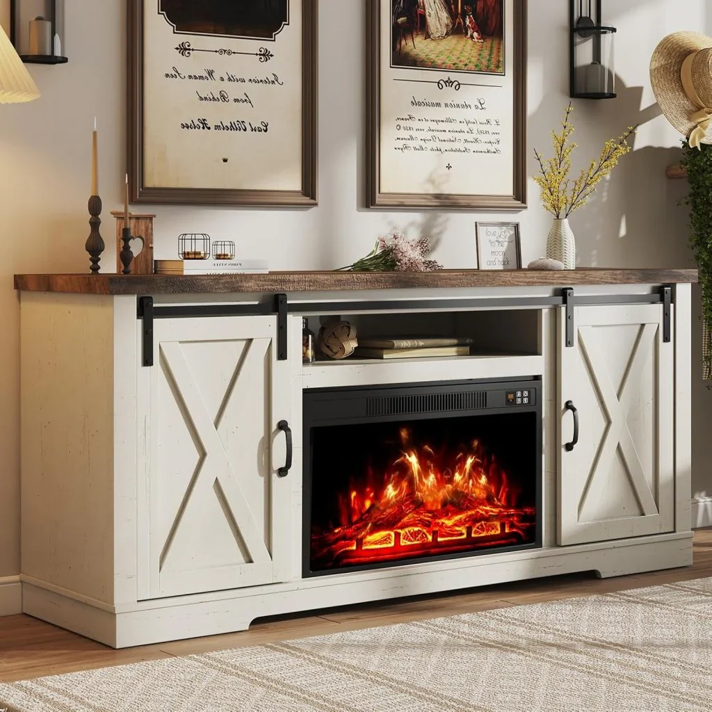 AMERLIFE Fireplace TV Stand with Sliding Barn Door for TVs up to 73", Farmhouse 63" Fireplace Entertainment Center with Storage Cabinets/Adjustable Shelves - Image 2