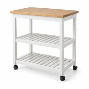 White Kitchen Storage Cart with Oak Top