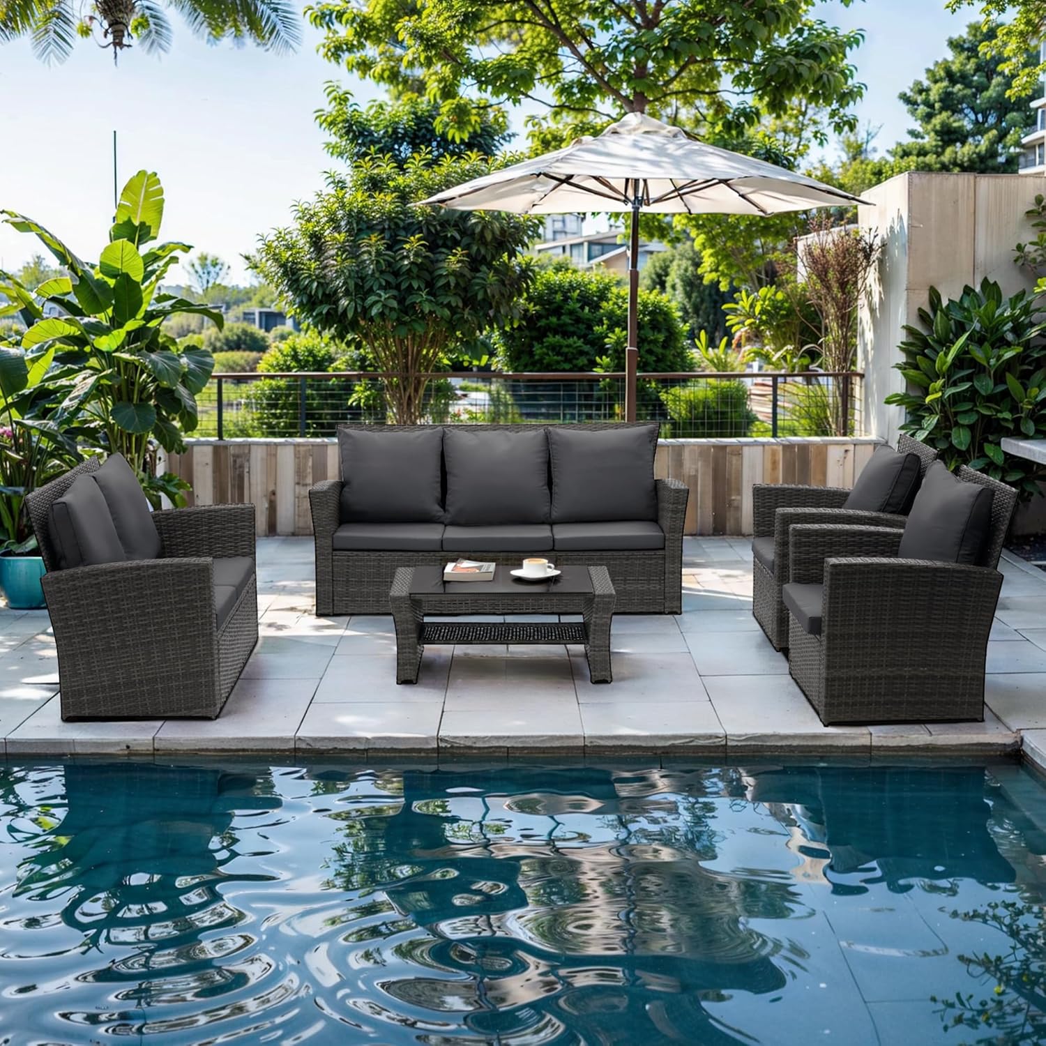 Wisteria Lane 4 Piece Outdoor Patio Furniture Sets, Wicker Conversation Set for Porch Deck, Grey Rattan Sofa Chair with Cushion Blue - Image 13