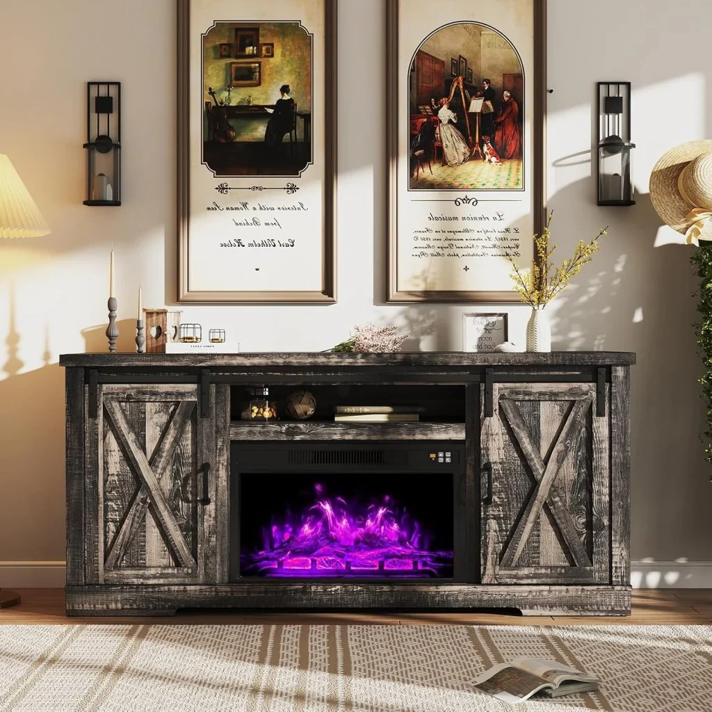 AMERLIFE Fireplace TV Stand with Sliding Barn Door for TVs up to 73", Farmhouse 63" Fireplace Entertainment Center with Storage Cabinets/Adjustable Shelves - Image 34