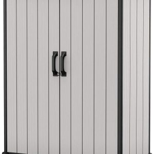 Keter Premier Tall Vertical Durable Resin Outdoor Storage Shed With Floor and Locking Double Doors, Grey